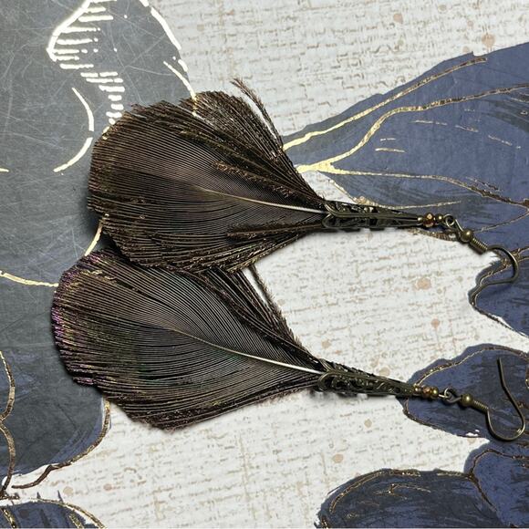 Estate Oversized Peacock Feather Drop Metal Filigree Earrings D2 - Picture 5 of 7